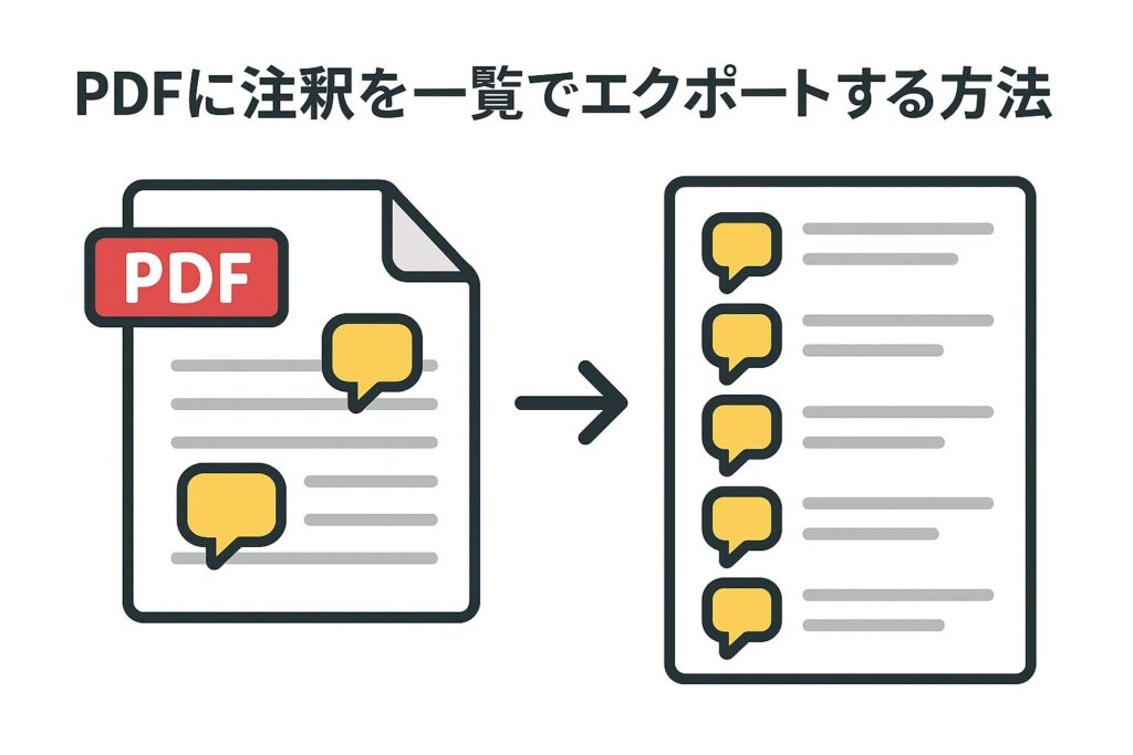 PDFに追加された注釈を一覧形式でエクスポートする方法を示す図で、左に吹き出しアイコン付きのPDF書類、右に吹き出しが並んだ一覧形式の書類があり、中央には変換を示す矢印が描かれている。