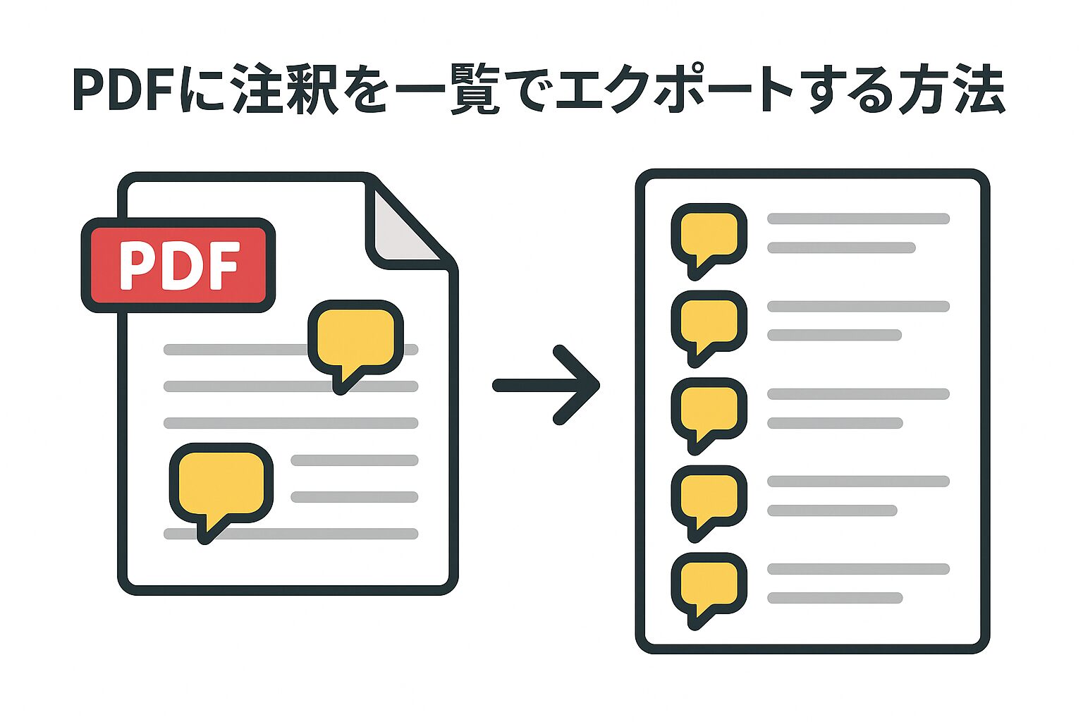 PDFに追加された注釈を一覧形式でエクスポートする方法を示す図で、左に吹き出しアイコン付きのPDF書類、右に吹き出しが並んだ一覧形式の書類があり、中央には変換を示す矢印が描かれている。
