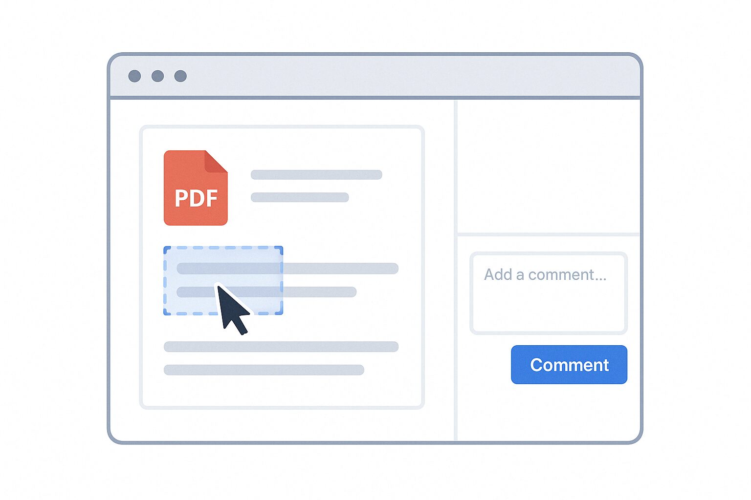 PDFのテキストを選択しコメントボタンを押す操作を示したイラスト