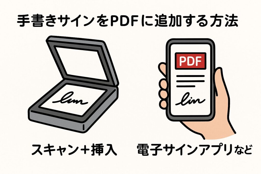 手書きサインをPDFに追加する方法を示す図で、左にスキャナーで署名を取り込むイラスト、右に電子サイン入りのPDFを表示したスマートフォンを持つ手のイラストが描かれており、「スキャン＋挿入」「電子サインアプリなど」と説明されている。