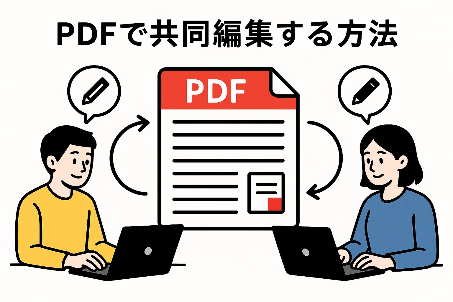 PDFを使って共同編集する方法を説明する図で、中央にPDF書類のアイコンがあり、左右にノートパソコンを操作する男性と女性が描かれ、吹き出しに鉛筆マークと編集を示す矢印が表示されている。