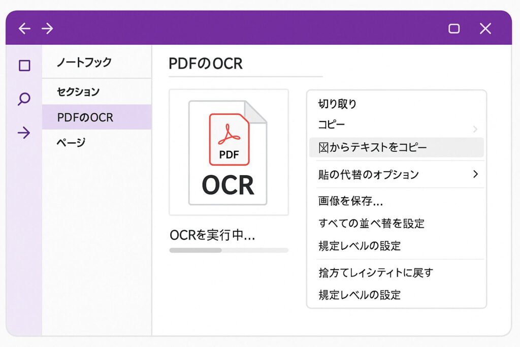 OneNoteでPDFにOCRを実行し、「図からテキストをコピー」を選択しているイメージ図