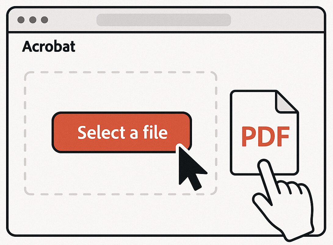 Acrobatオンラインの「PDFを編集」ページで、［Select a file］ボタンとドラッグ&ドロップ枠が表示され、PDFアイコンをアップロードしようとしている画面