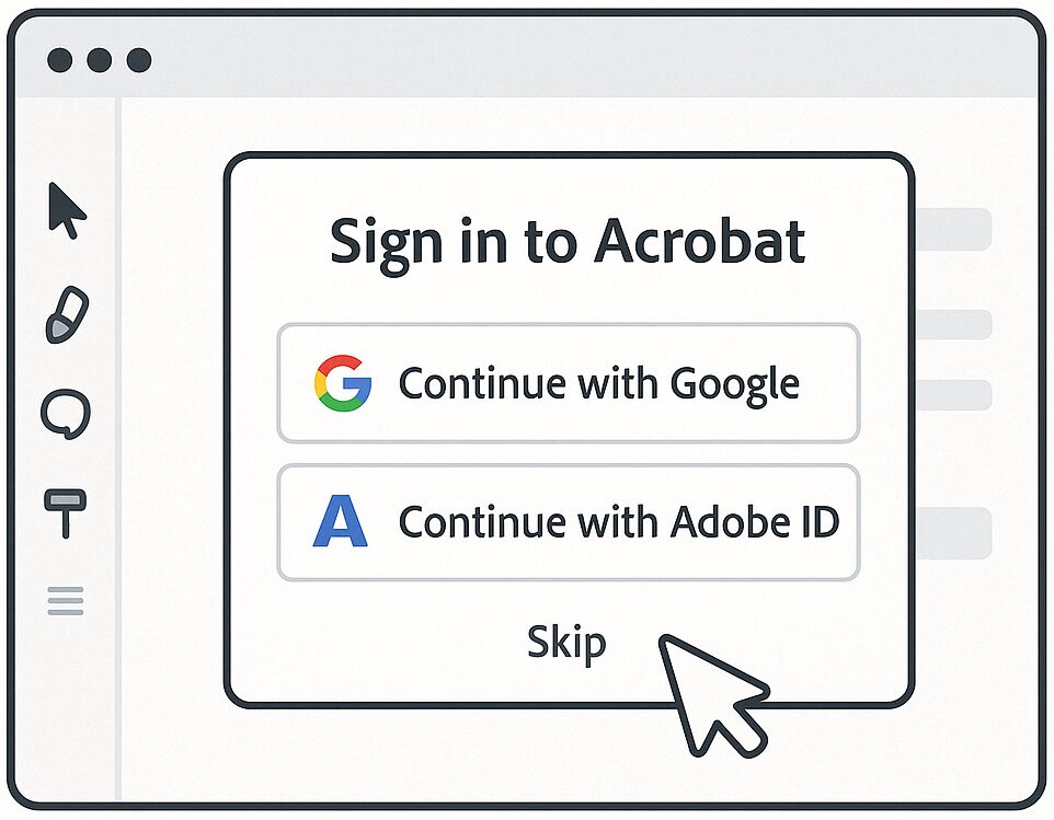 PDF読み込み後に表示されるログインダイアログ（Googleアカウント／Adobe ID／スキップ）を示す画面