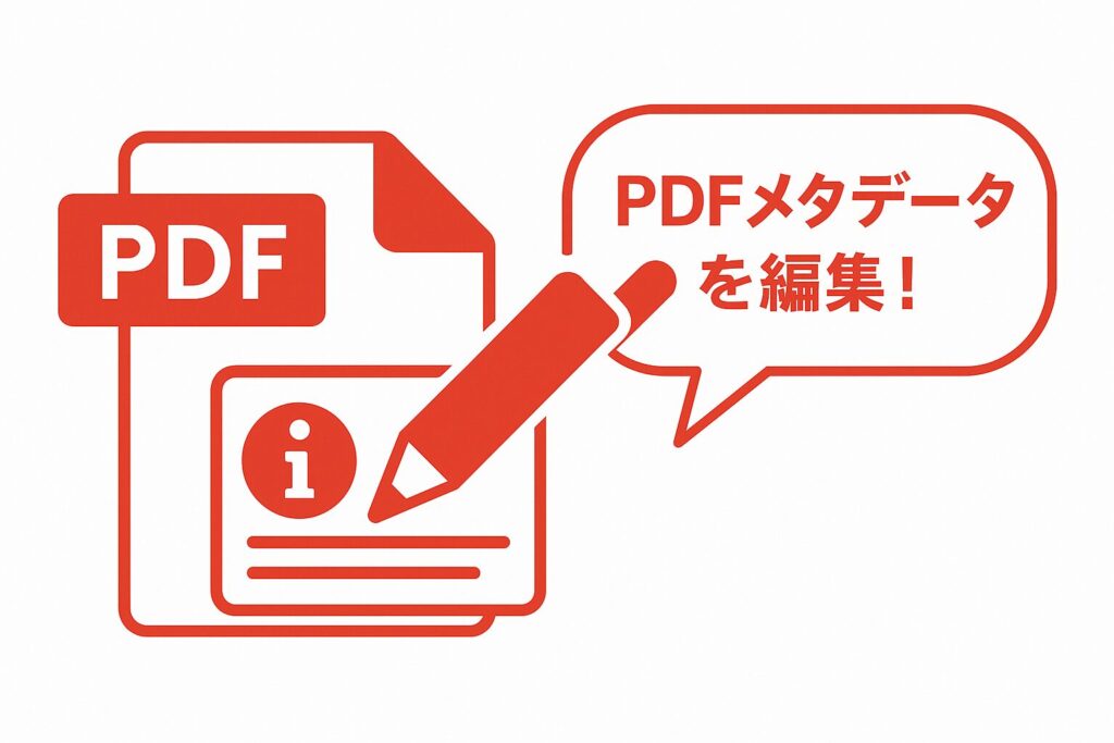 PDFアイコンと情報カードに鉛筆が重なり、吹き出しに「PDFメタデータを編集！」と書かれた赤基調のワンポイントアドバイス画像