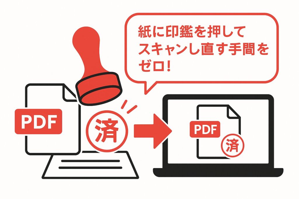 赤い電子印鑑がPDFに押され、紙に印鑑を押してスキャンし直す手間をゼロにできることを示す白背景・横長バナーイラスト