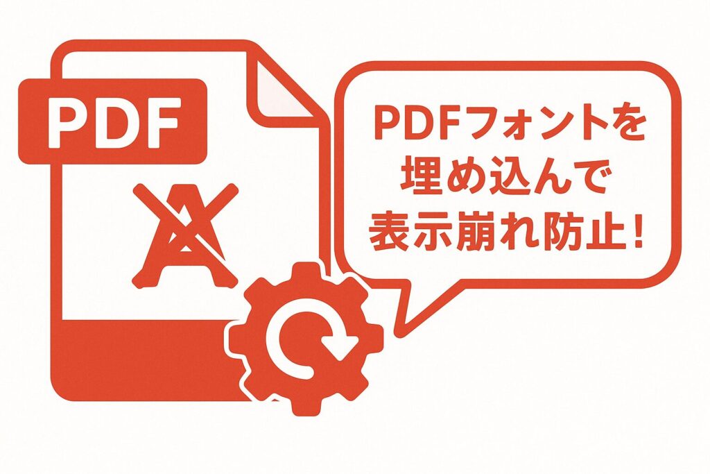 フォント不足を示すA文字にバツ印が付いたPDFアイコンと歯車マーク、吹き出しに「PDFフォントを埋め込んで表示崩れ防止！」と書かれた赤基調のワンポイントアドバイス画像