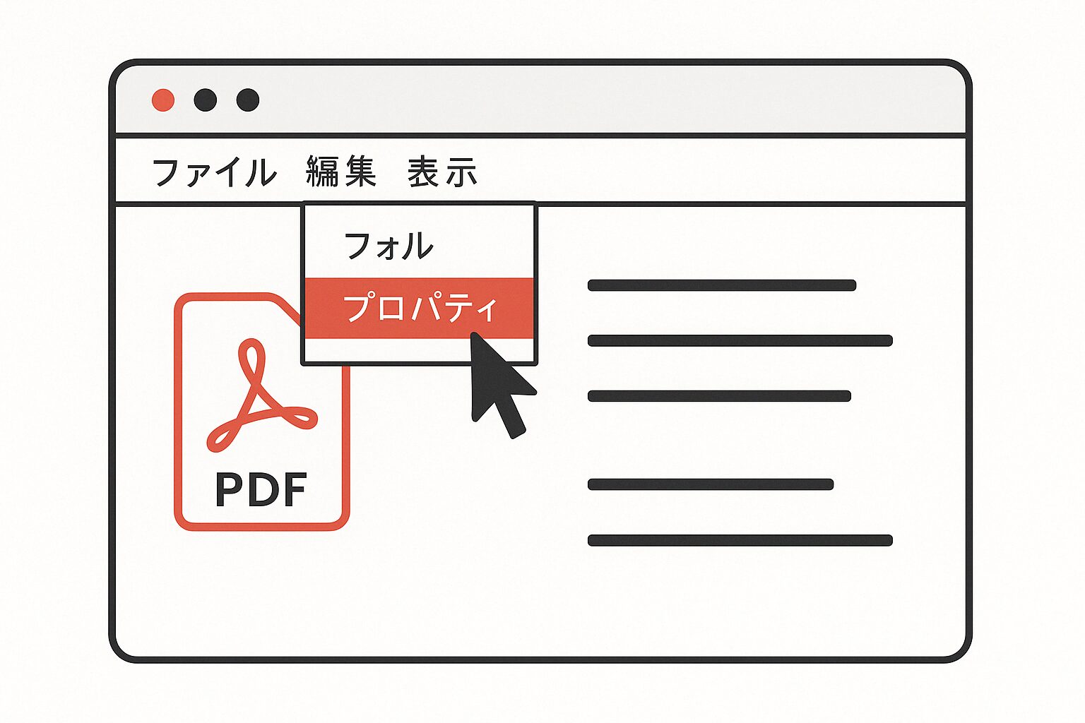 PDFのフォント埋め込み状況を確認するために「ファイル」メニューから「プロパティ」をクリックする操作のモックアップイラスト