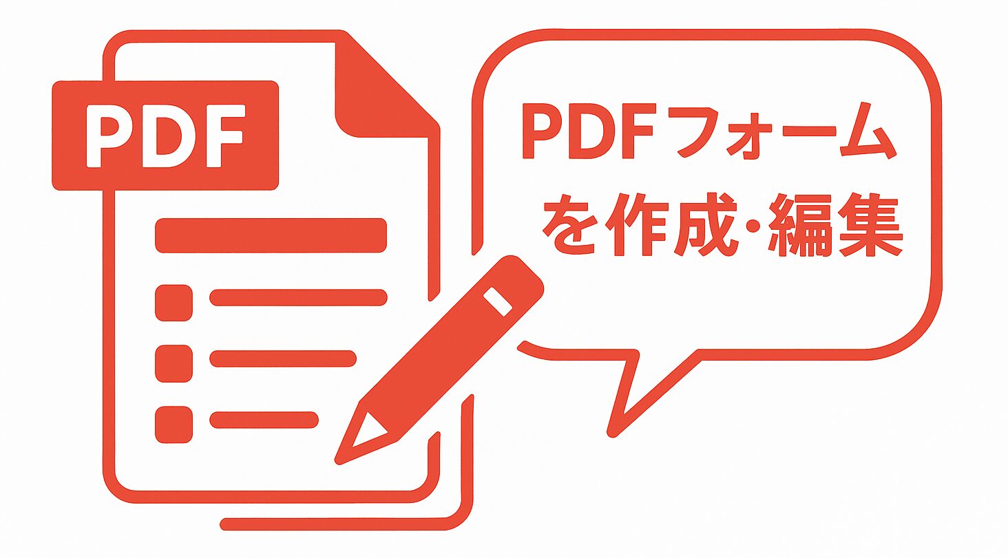フォーム項目が描かれたPDFアイコンと鉛筆のイラスト、吹き出しに「PDFフォームを作成・編集」と書かれた赤基調のワンポイントアドバイス画像