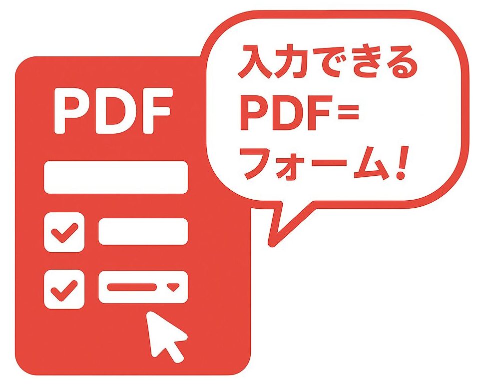 入力欄・チェックボックス・ドロップダウンを備えたPDFアイコンと吹き出しに「入力できるPDF=フォーム!」と書かれた赤基調のワンポイントアドバイス画像