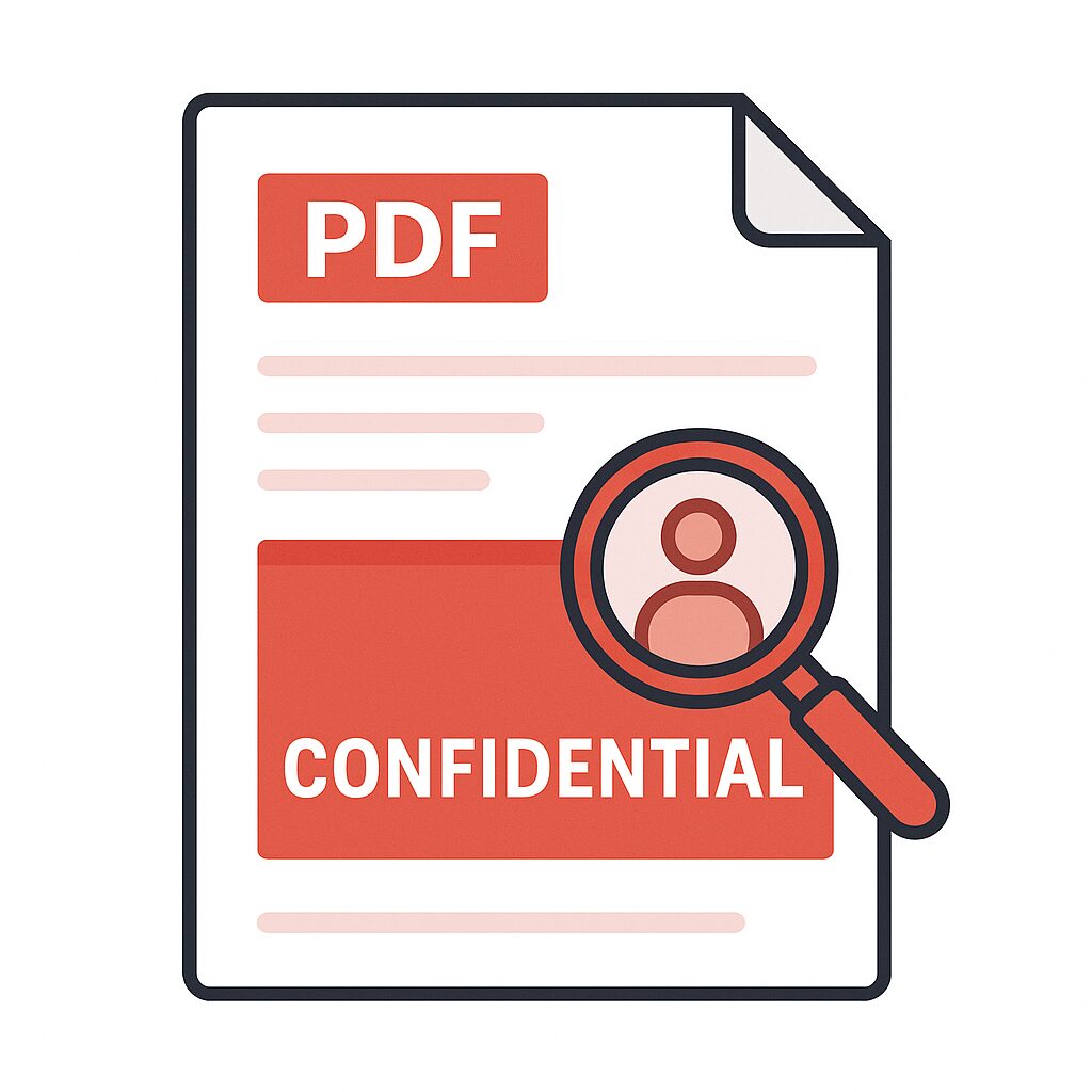 CONFIDENTIALラベル付きPDFを虫眼鏡でチェックしているイラスト