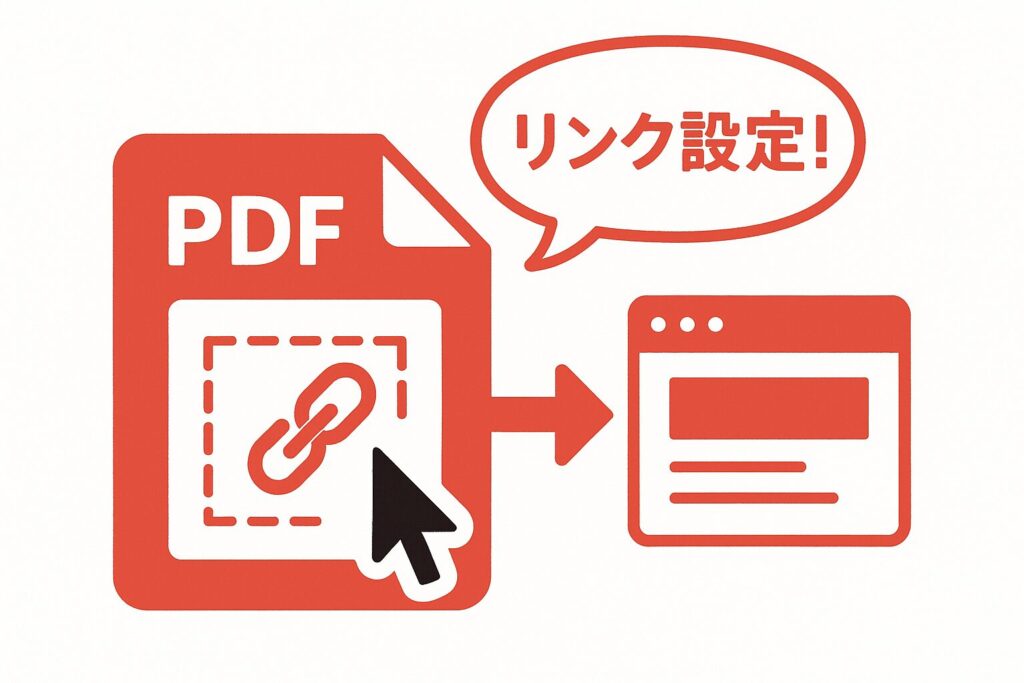 PDF内でリンク範囲を選択し、矢印でウェブページへ接続する流れを示す赤基調のイラスト