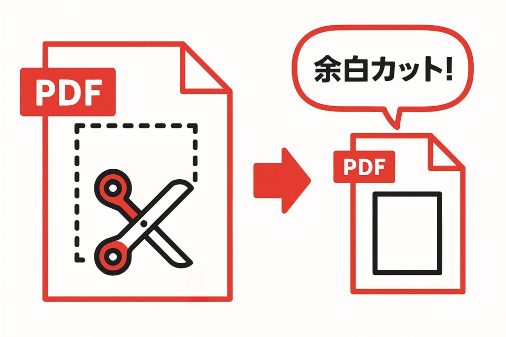 ハサミで点線の余白を切り取り、余白をカットしたコンパクトなPDFへ変換する流れを示す赤基調のイラスト