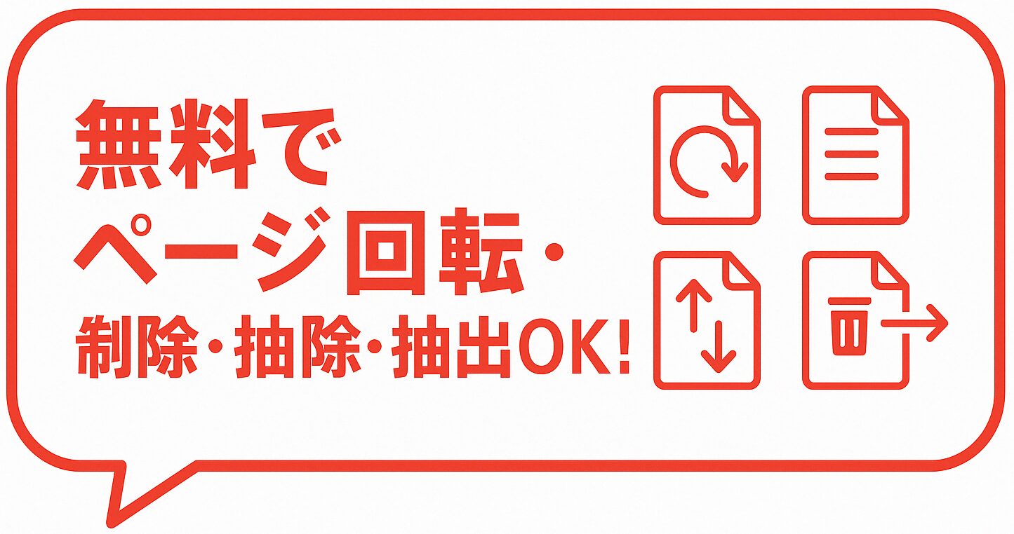 「無料でページ回転・並べ替え・削除・抽出OK！」という赤い吹き出しの中に、回転・並べ替え・削除・抽出を示す4つのPDFアイコンを配置した横長バナー画像