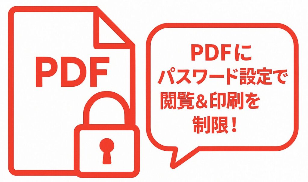 PDFアイコンと南京錠のイラストに「PDFにパスワード設定で閲覧＆印刷を制限！」というセリフが入ったワンポイントアドバイス画像
