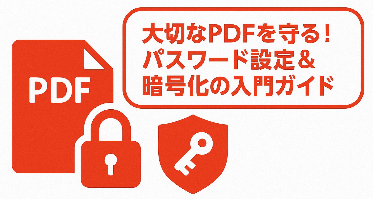 赤基調のPDFアイコン・南京錠・鍵付き盾のイラストと吹き出しに「大切なPDFを守る!パスワード設定&暗号化の入門ガイド」と書かれた横長バナー画像