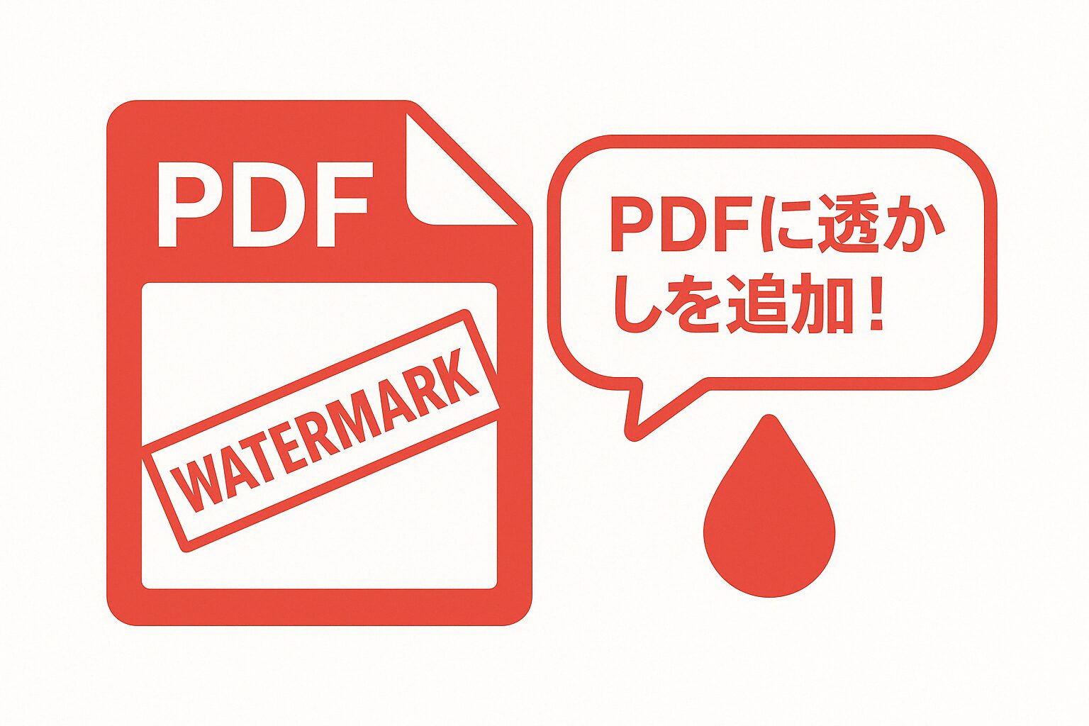PDFアイコンに斜めの「WATERMARK」スタンプと、吹き出しに「PDFに透かしを追加!」と書かれた赤基調のワンポイントアドバイス画像