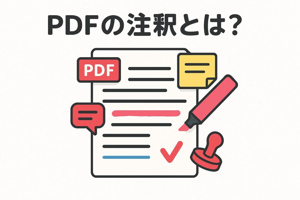 PDFファイルに注釈を加える機能を説明する図で、中央にテキストが記載されたPDFアイコン付きの書類があり、吹き出しや付箋、ハイライト、チェックマーク、スタンプが描かれている。