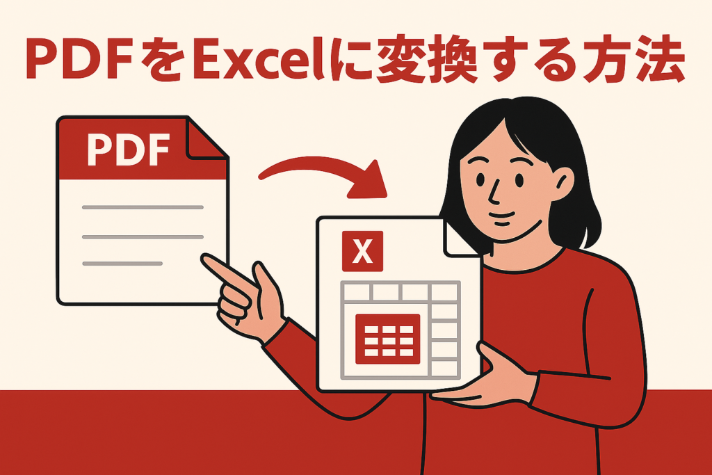 PDFをExcelに変換する方法を説明する赤と白を基調としたサムネイル画像。若い女性がExcelアイコンを指さしているイラスト付き。