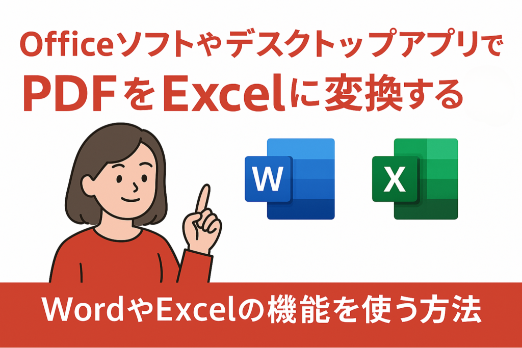 OfficeソフトやデスクトップアプリでPDFをExcelに変換する方法を紹介する横長のアイキャッチ画像。赤い服を着た女性のイラストの横に、WordとExcelのアイコンが並び、白背景に赤と緑を基調としたデザインで構成されている。