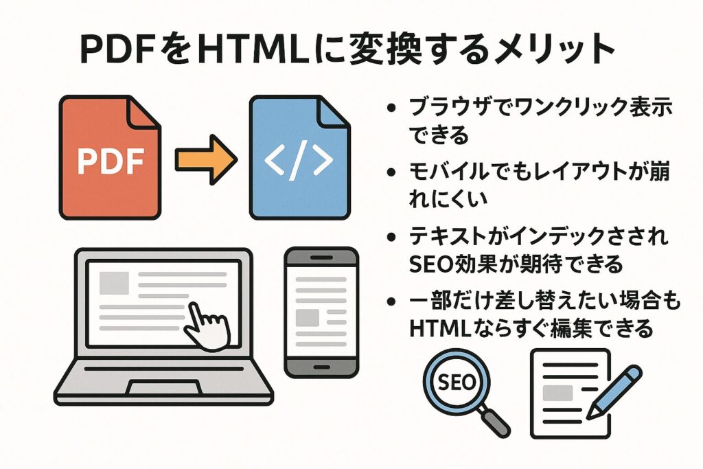 PDFをHTMLに変換するメリットを説明する図で、PDFアイコンからコードアイコンへの変換矢印、パソコンとスマートフォン画面、虫眼鏡のSEOアイコン、編集用の書類とペンのアイコンが描かれており、右側に変換の利点が箇条書きで示されている。