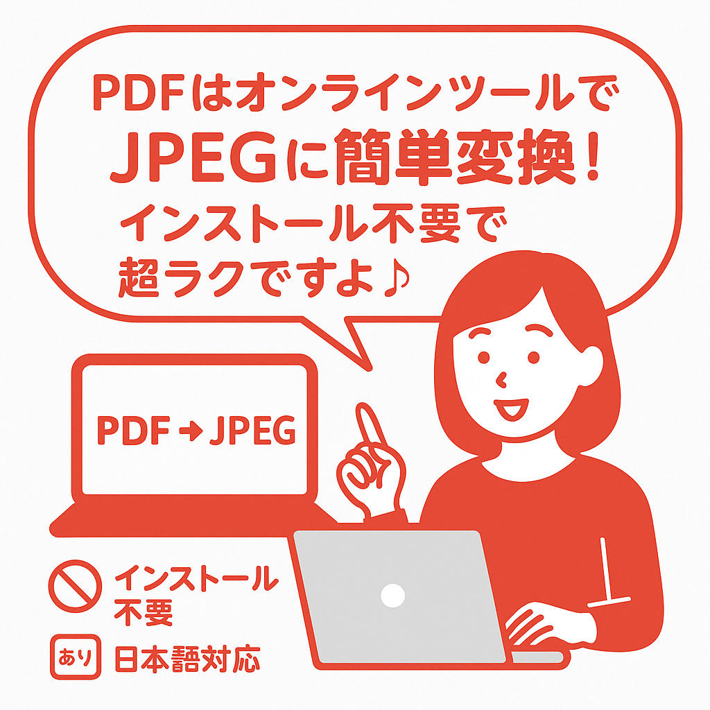 PDFをJPEGに変換する際のワンポイントアドバイスを紹介するセリフ画像。女性がパソコンを操作しながら「オンラインツールならインストール不要で簡単!」と説明している。