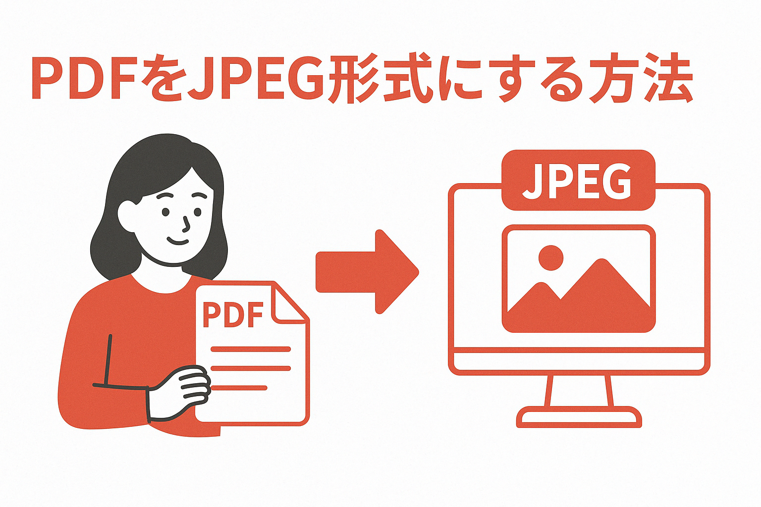 PDFファイルをJPEG画像に変換する手順を視覚的に説明したサムネイル画像。女性がPDFを持ち、変換後のJPEG画像がモニターに表示されているイラスト。