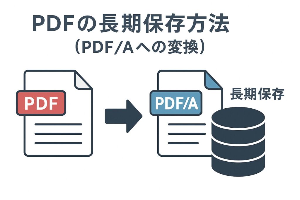 PDFをPDF/Aに変換して長期保存する方法を説明する図で、左に通常のPDFアイコン、中央に変換を示す矢印、右にPDF/Aアイコンとデータ保存用のストレージアイコン、さらに「長期保存」の文字が描かれている。