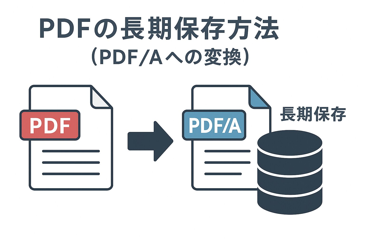 PDFをPDF/Aに変換して長期保存する方法を説明する図で、左に通常のPDFアイコン、中央に変換を示す矢印、右にPDF/Aアイコンとデータ保存用のストレージアイコン、さらに「長期保存」の文字が描かれている。
