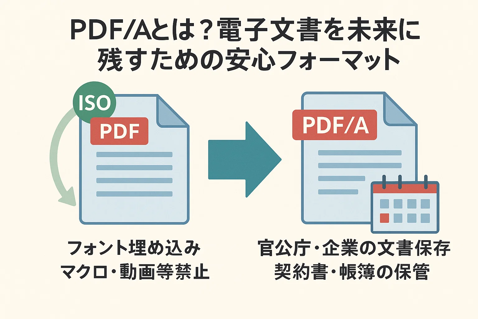 PDFとPDF/Aの違いを示す図解で、PDF/Aが将来にわたって電子文書を安全に保存するための形式であることを説明している。左側には「ISO PDF」の書類アイコンと「フォント埋め込み」「マクロ・動画等禁止」の説明、右側には「PDF/A」の書類とカレンダーのアイコン、「官公庁・企業の文書保存」「契約書・帳簿の保管」と書かれている。