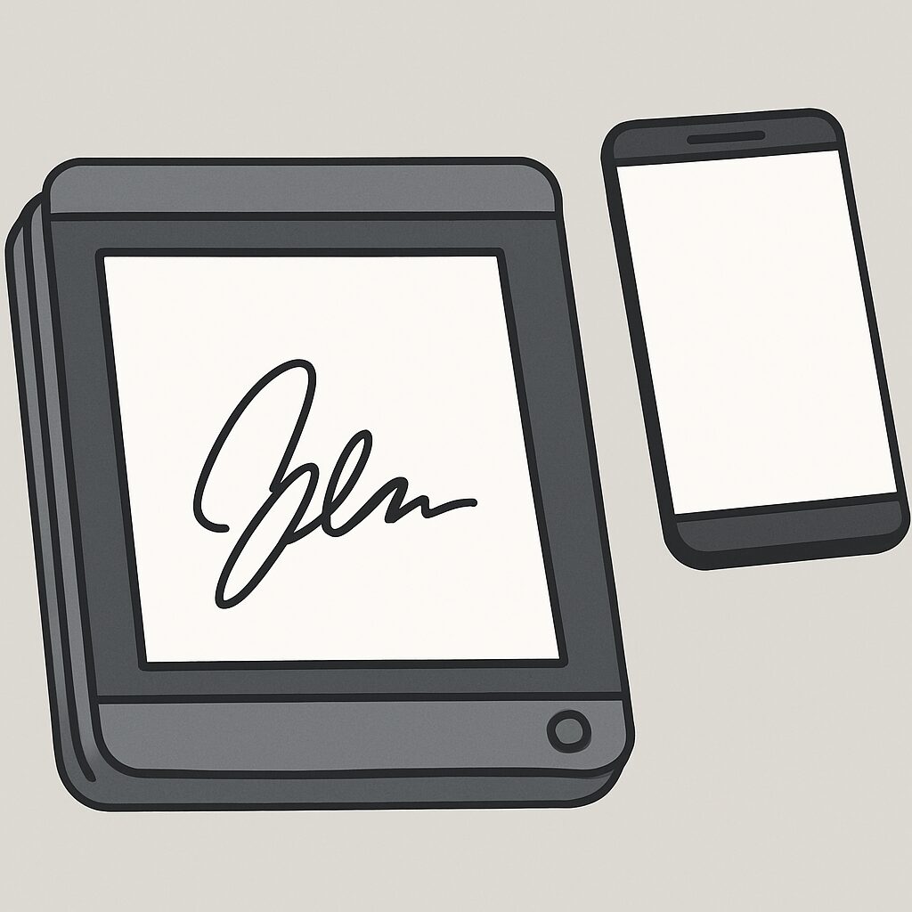 タブレットとスマートフォンの画面上に同じ署名が表示されており、デジタル署名の利用を表している。