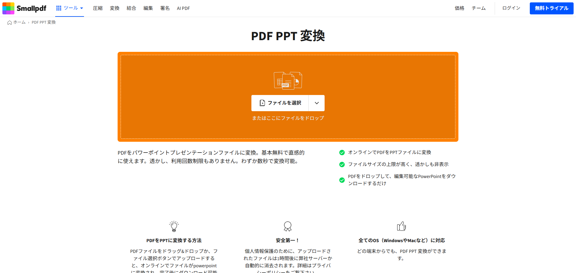 SmallpdfのPDF to PPT変換ページ。画面中央に『ファイルを選択』ボタンと、ファイルのドラッグ＆ドロップ可能なエリアが表示され、アップロードから自動変換、ダウンロードボタンまでの操作手順が示されています。