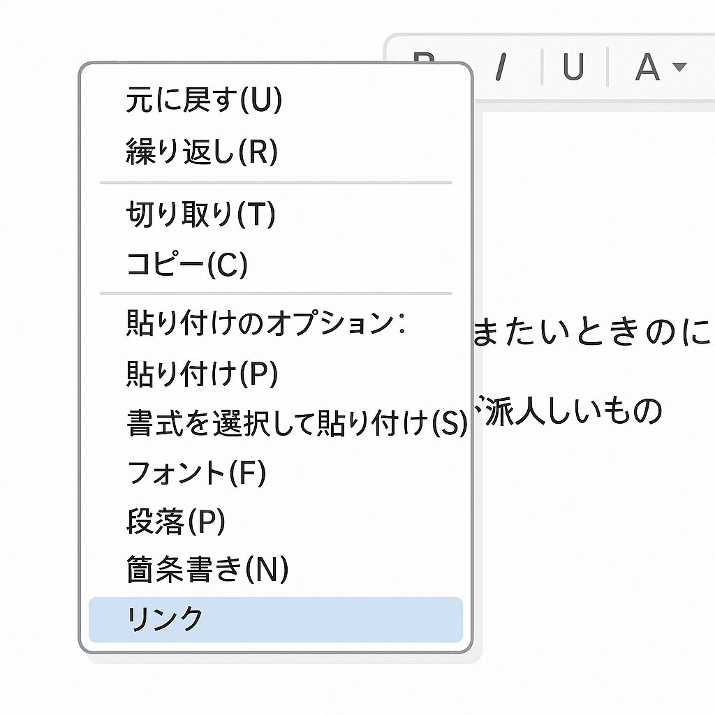 Word文書で選択したテキスト上に表示された右クリックメニューから「リンク」を選択する操作イラスト